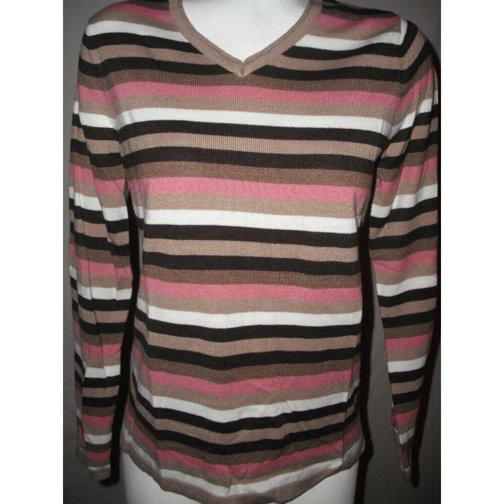 Croft & Barrow Womens Striped Long Sleeve V-Neck Sweater Pink Brown Size Medium